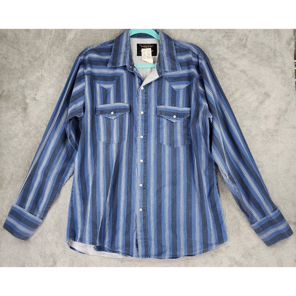 El General Shirt Mens Large Blue Striped Western Pearl Snap Long Sleeve Vintage